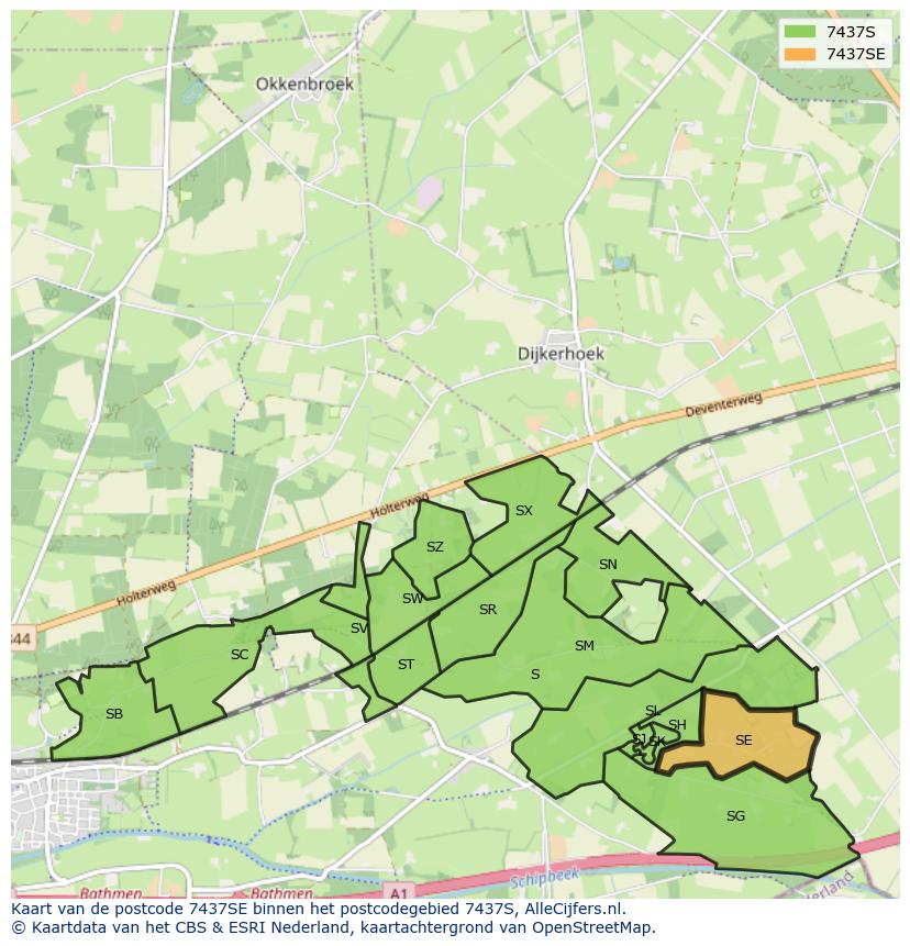 Afbeelding van het postcodegebied 7437 SE op de kaart.