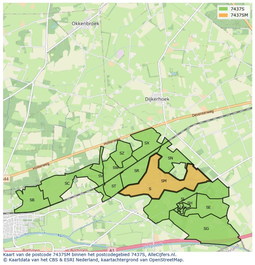Afbeelding van het postcodegebied 7437 SM op de kaart.