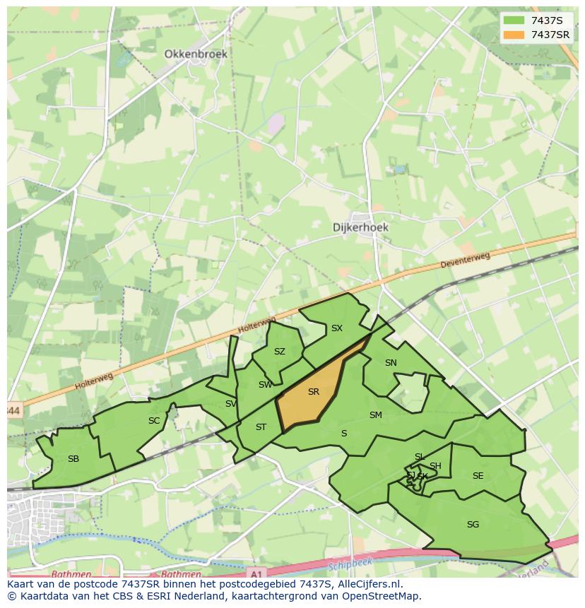 Afbeelding van het postcodegebied 7437 SR op de kaart.