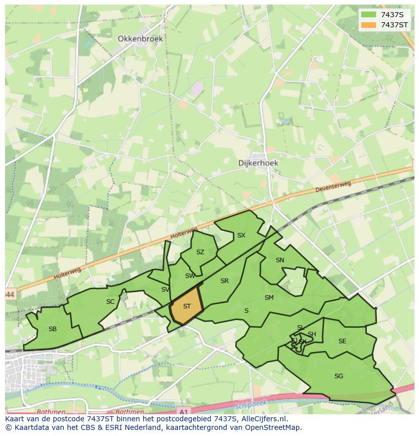 Afbeelding van het postcodegebied 7437 ST op de kaart.
