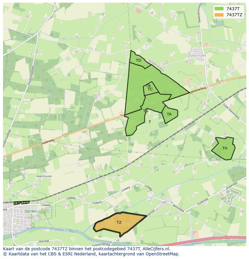 Afbeelding van het postcodegebied 7437 TZ op de kaart.