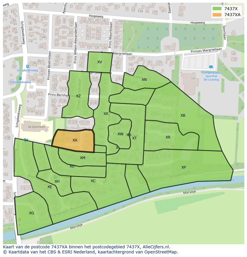 Afbeelding van het postcodegebied 7437 XA op de kaart.