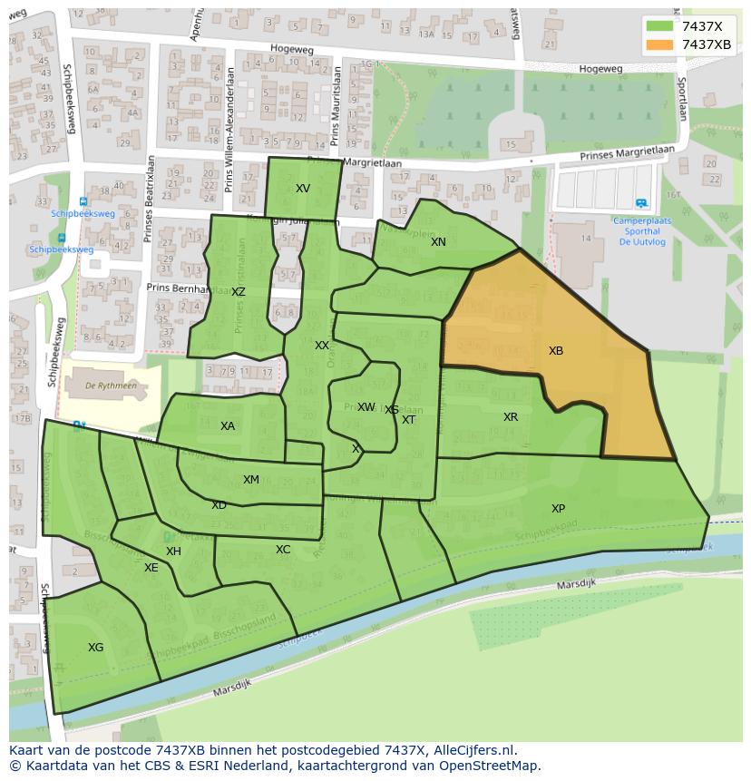 Afbeelding van het postcodegebied 7437 XB op de kaart.