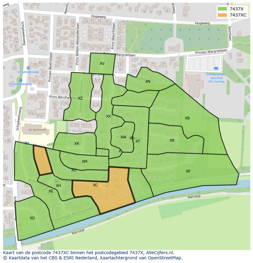 Afbeelding van het postcodegebied 7437 XC op de kaart.