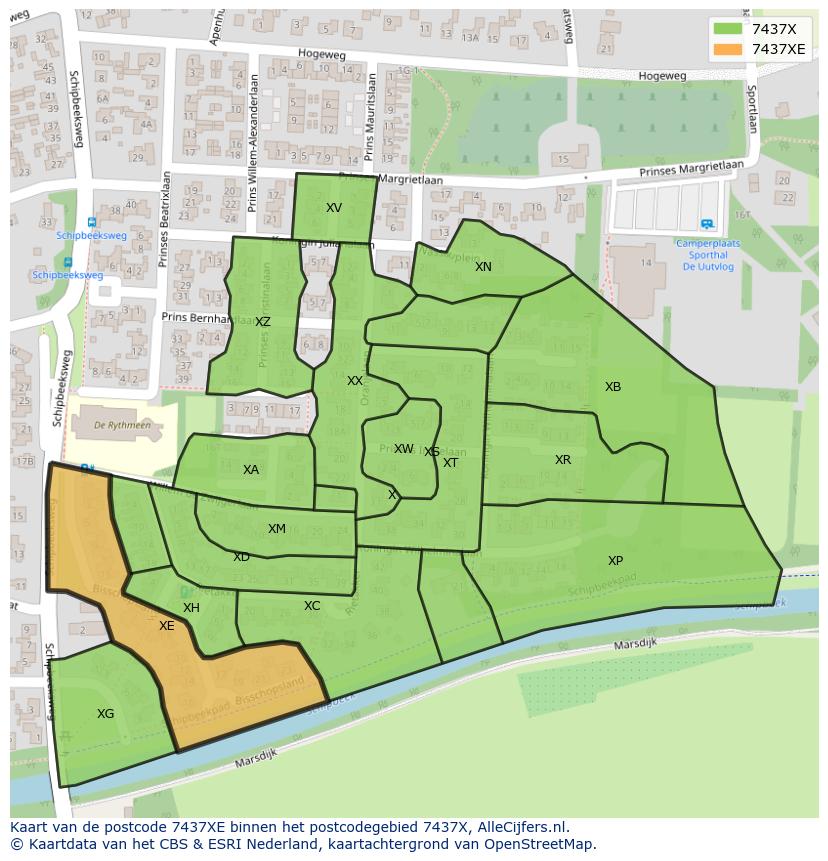 Afbeelding van het postcodegebied 7437 XE op de kaart.