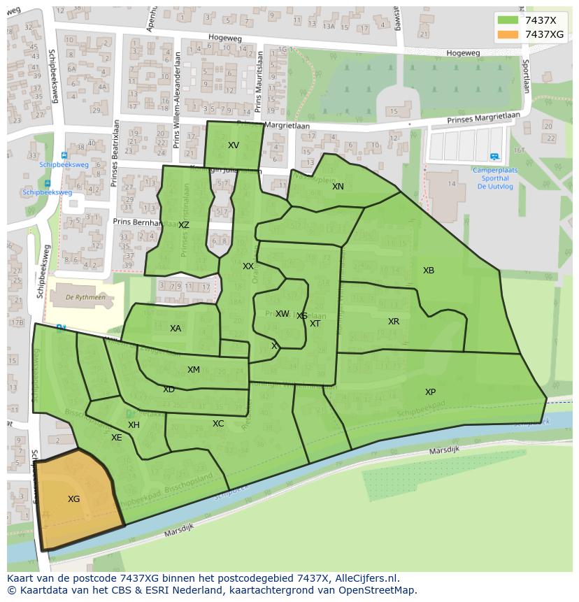 Afbeelding van het postcodegebied 7437 XG op de kaart.