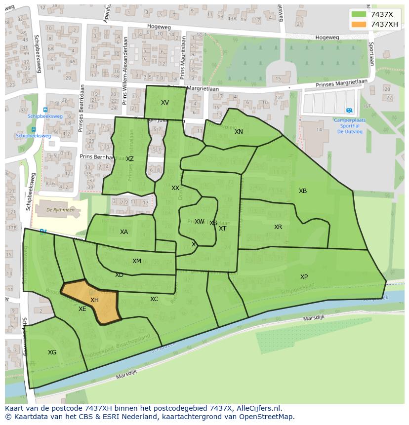 Afbeelding van het postcodegebied 7437 XH op de kaart.