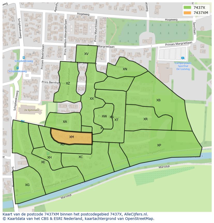 Afbeelding van het postcodegebied 7437 XM op de kaart.