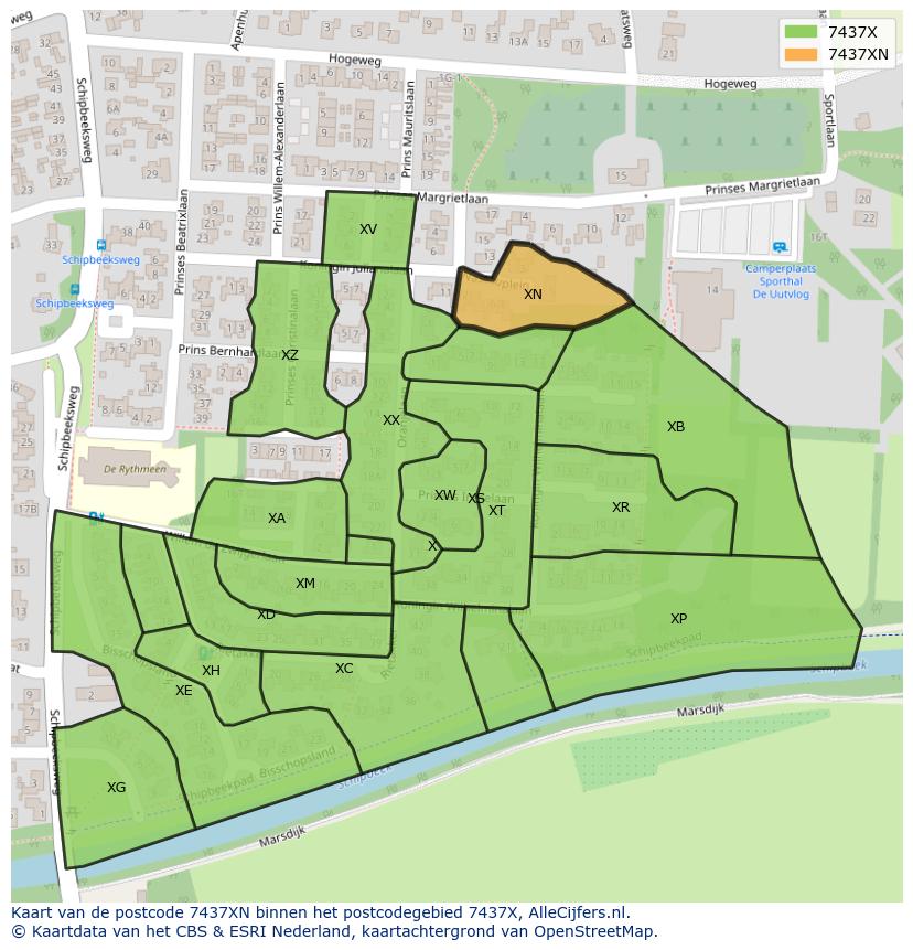Afbeelding van het postcodegebied 7437 XN op de kaart.