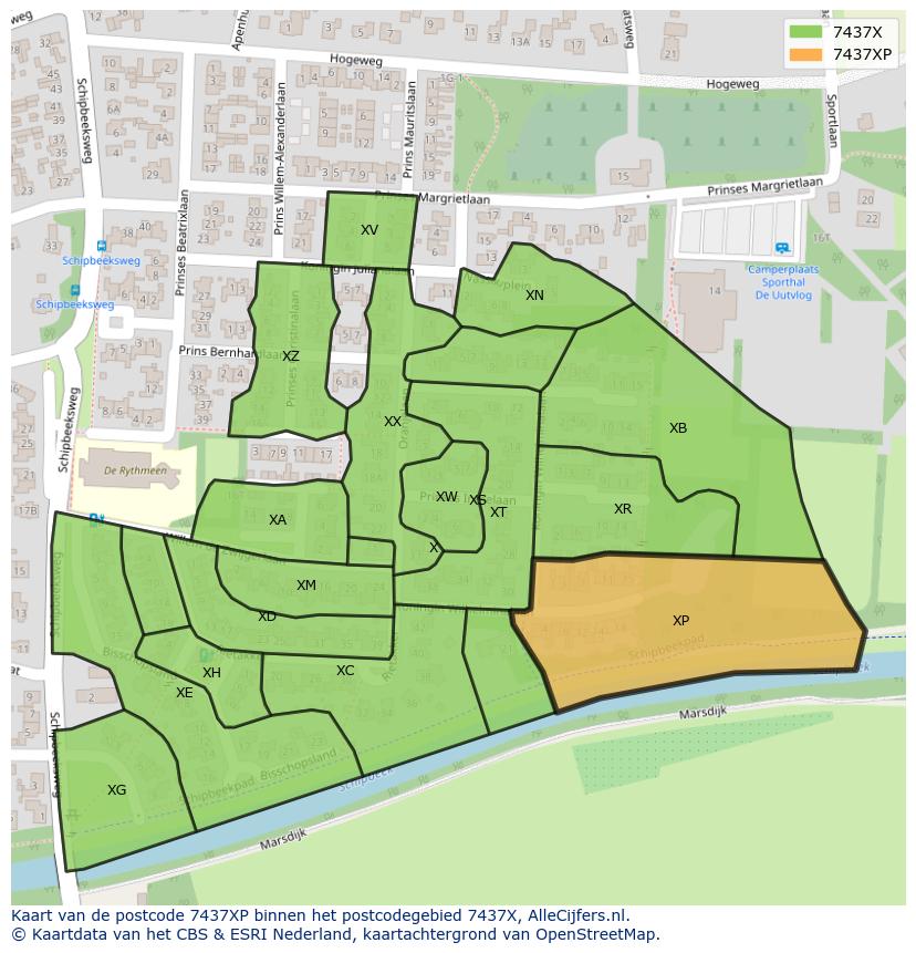Afbeelding van het postcodegebied 7437 XP op de kaart.