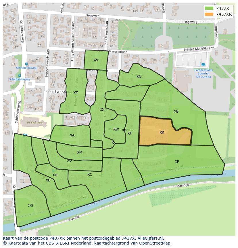 Afbeelding van het postcodegebied 7437 XR op de kaart.