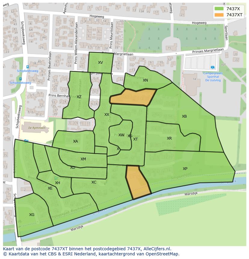 Afbeelding van het postcodegebied 7437 XT op de kaart.
