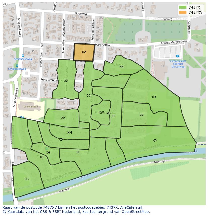 Afbeelding van het postcodegebied 7437 XV op de kaart.