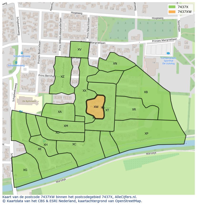 Afbeelding van het postcodegebied 7437 XW op de kaart.