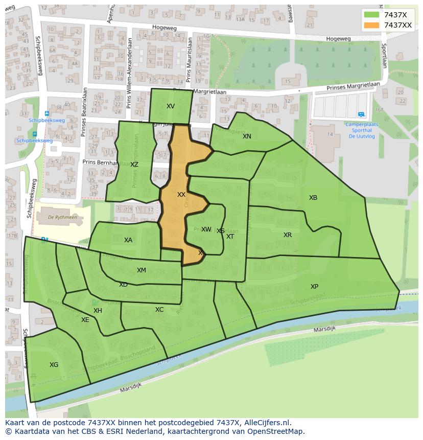 Afbeelding van het postcodegebied 7437 XX op de kaart.