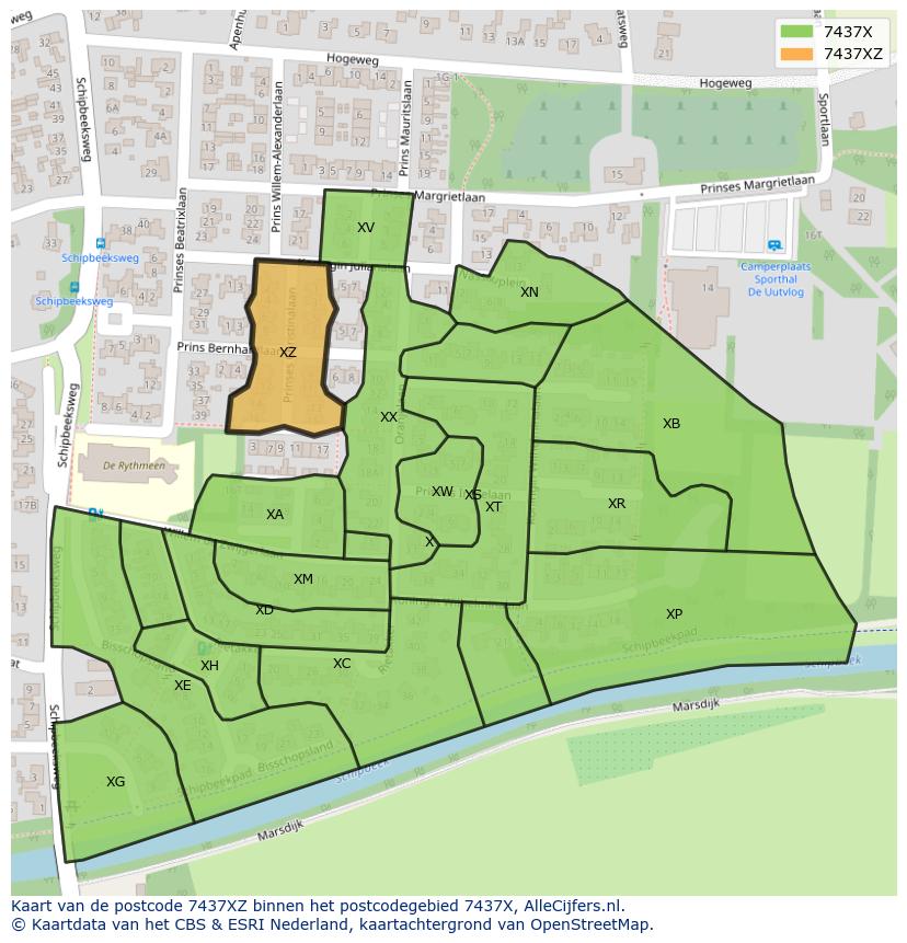 Afbeelding van het postcodegebied 7437 XZ op de kaart.