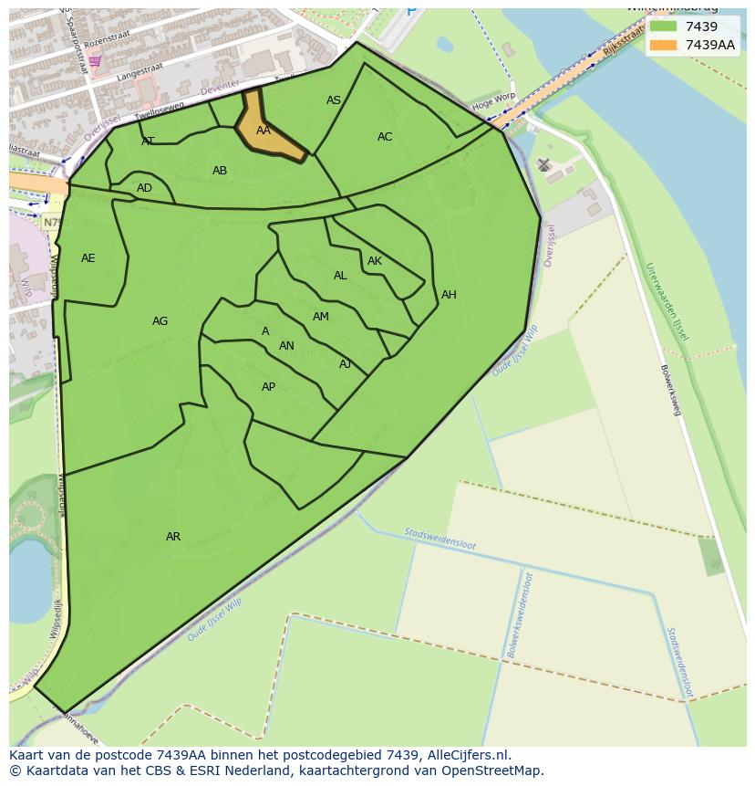 Afbeelding van het postcodegebied 7439 AA op de kaart.