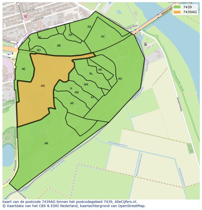 Afbeelding van het postcodegebied 7439 AG op de kaart.