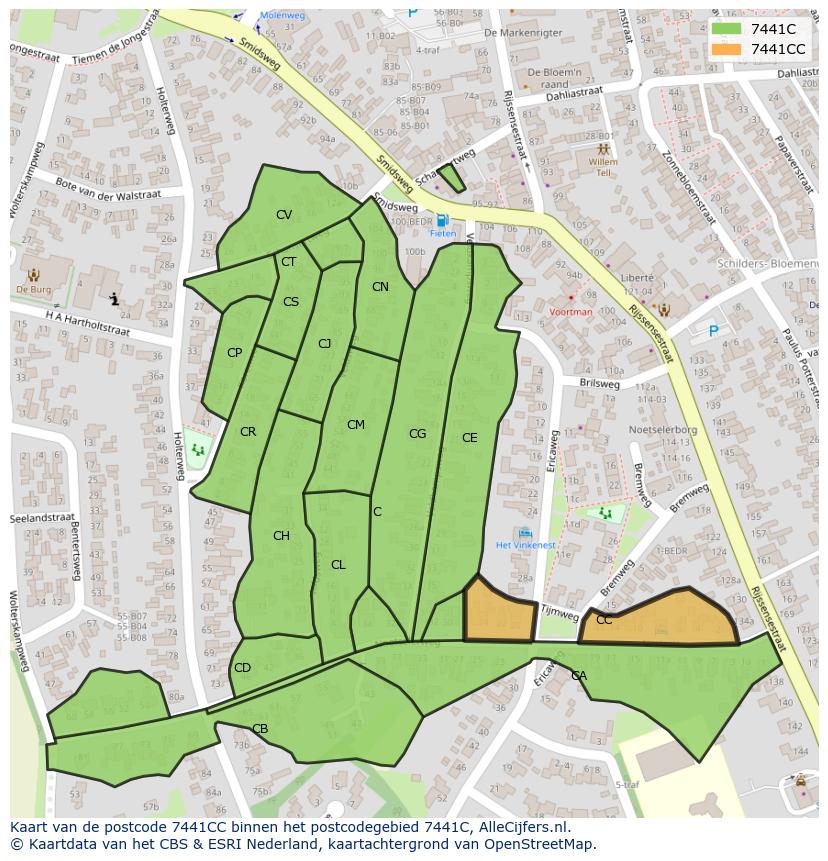 Afbeelding van het postcodegebied 7441 CC op de kaart.
