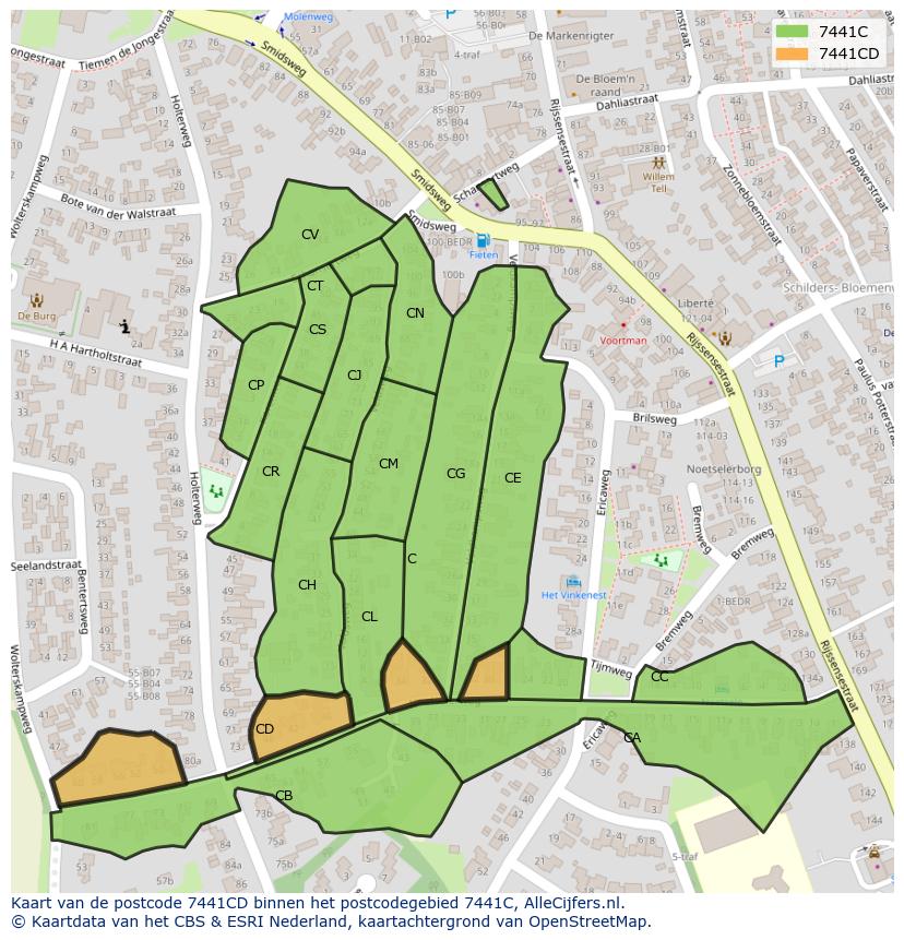 Afbeelding van het postcodegebied 7441 CD op de kaart.