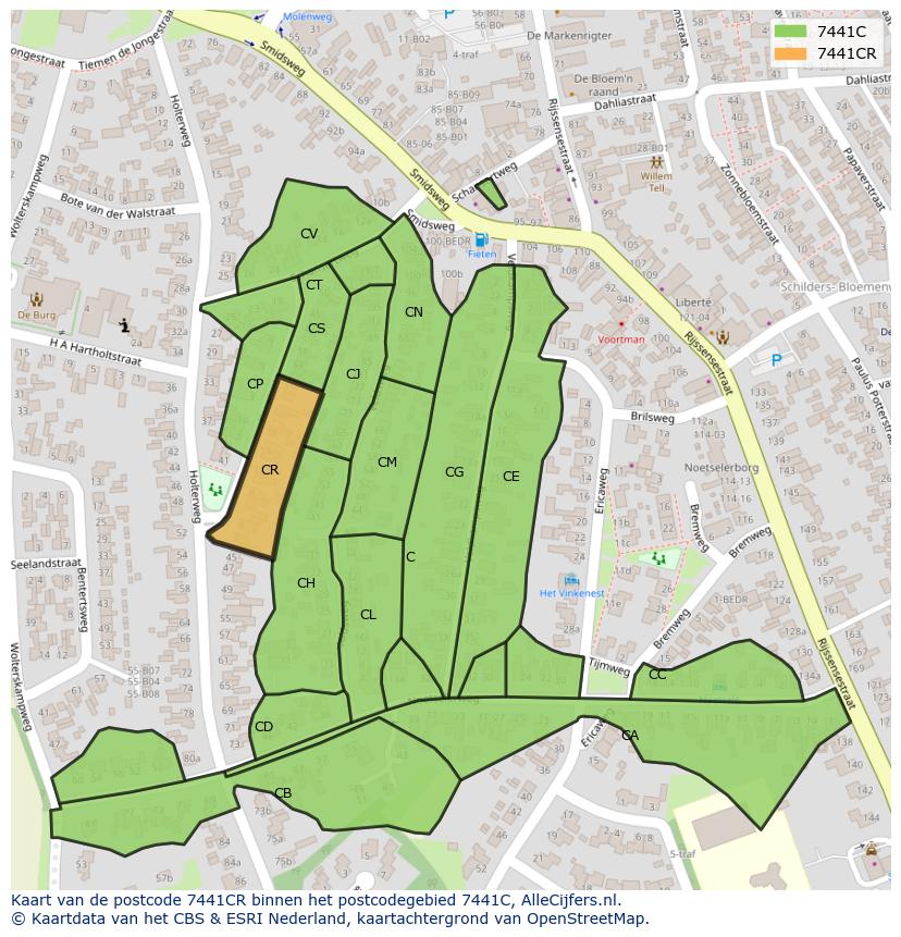 Afbeelding van het postcodegebied 7441 CR op de kaart.