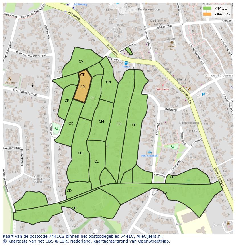 Afbeelding van het postcodegebied 7441 CS op de kaart.