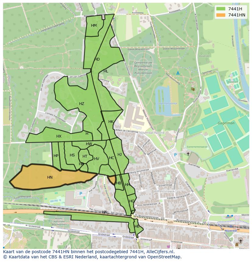 Afbeelding van het postcodegebied 7441 HN op de kaart.