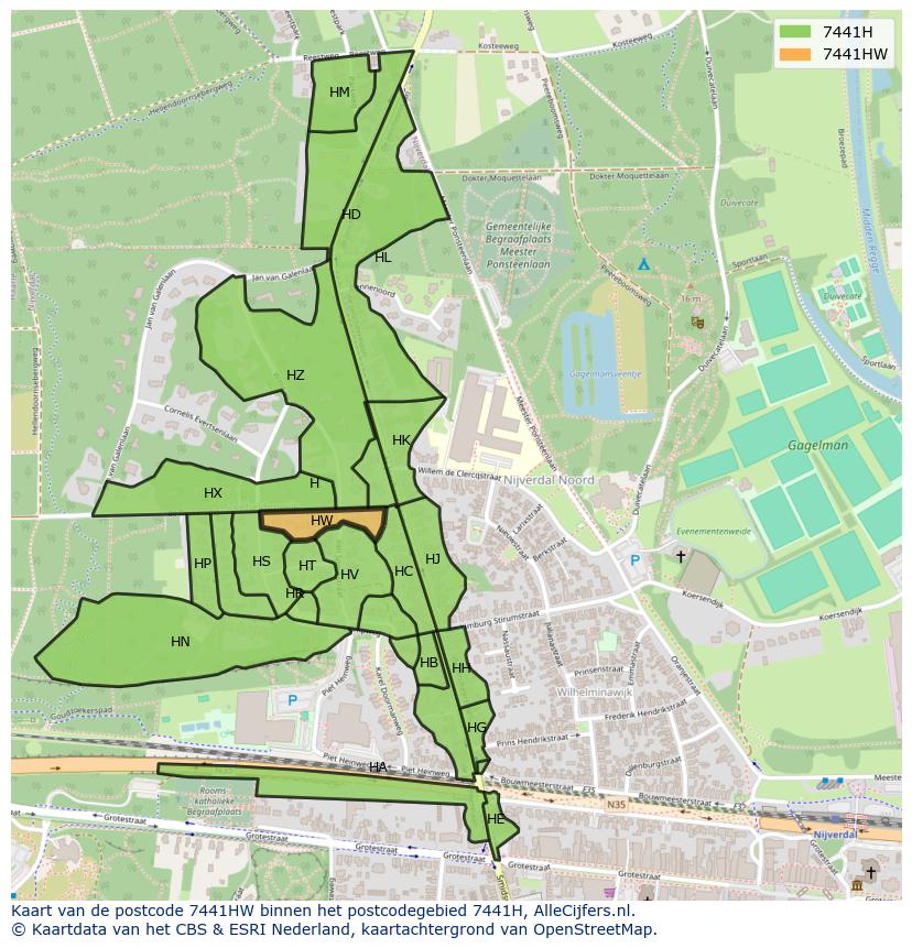 Afbeelding van het postcodegebied 7441 HW op de kaart.