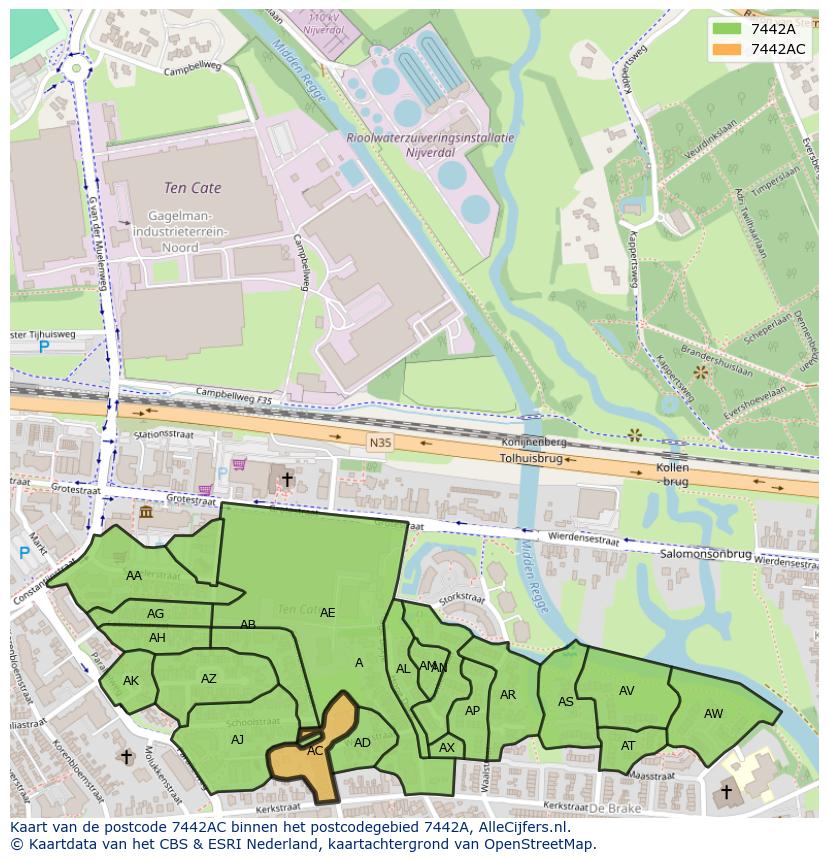 Afbeelding van het postcodegebied 7442 AC op de kaart.