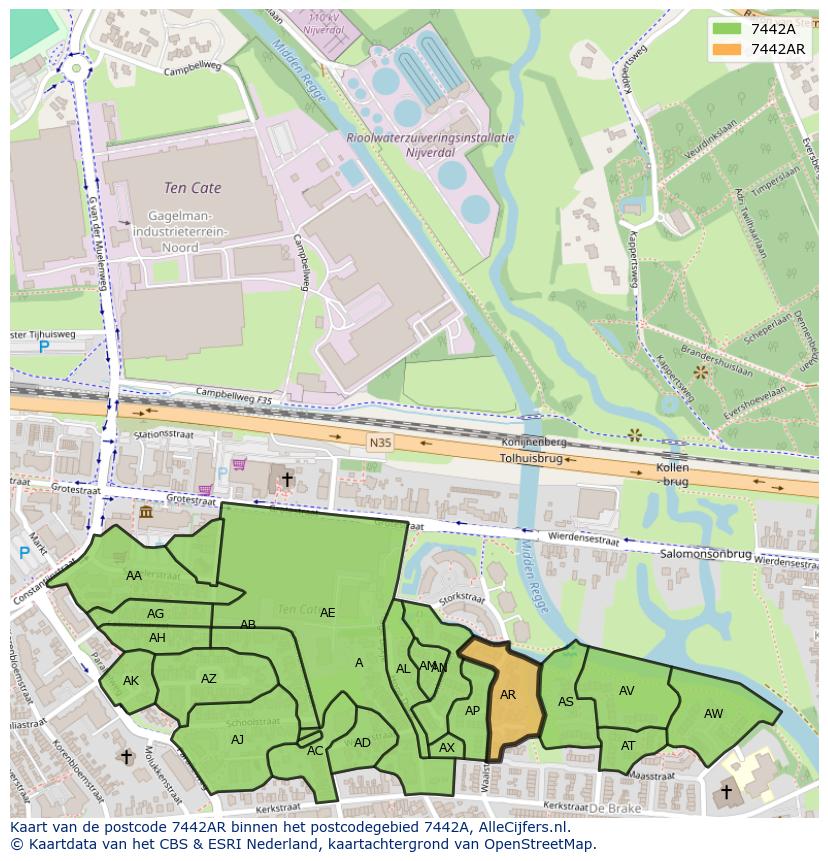 Afbeelding van het postcodegebied 7442 AR op de kaart.