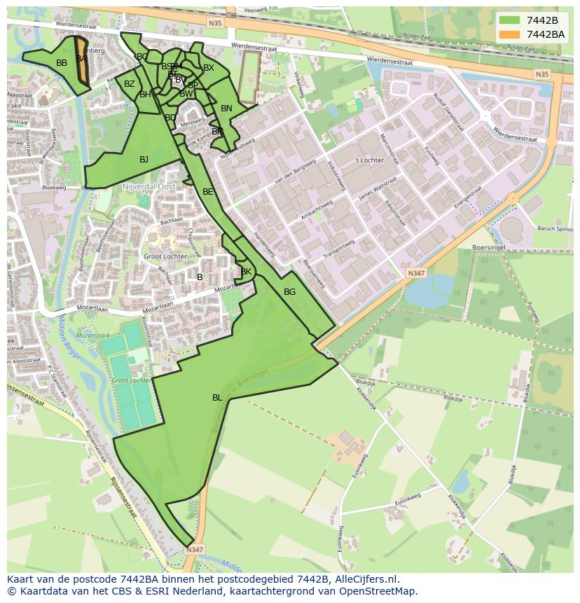 Afbeelding van het postcodegebied 7442 BA op de kaart.