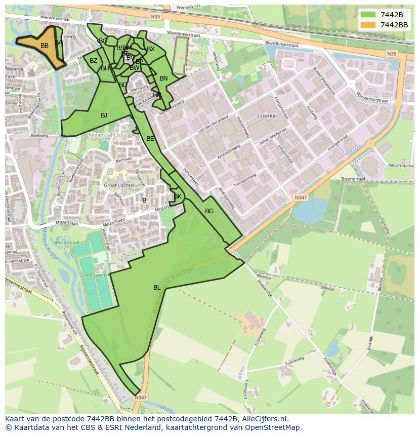 Afbeelding van het postcodegebied 7442 BB op de kaart.