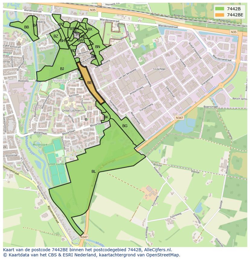 Afbeelding van het postcodegebied 7442 BE op de kaart.