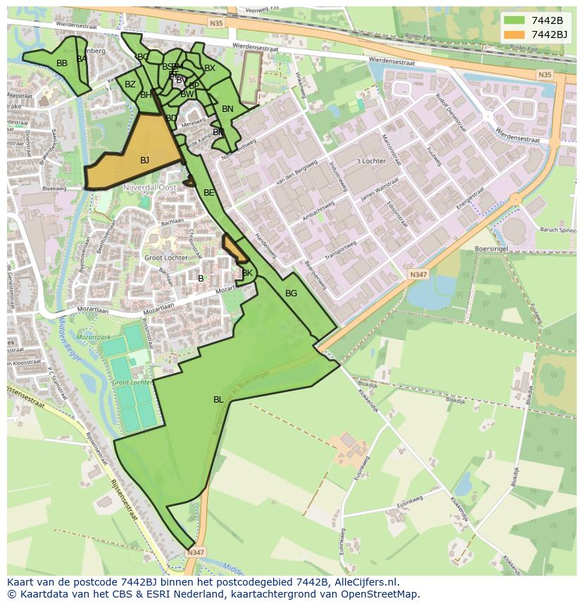 Afbeelding van het postcodegebied 7442 BJ op de kaart.