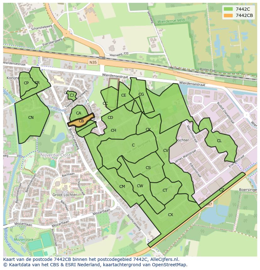 Afbeelding van het postcodegebied 7442 CB op de kaart.