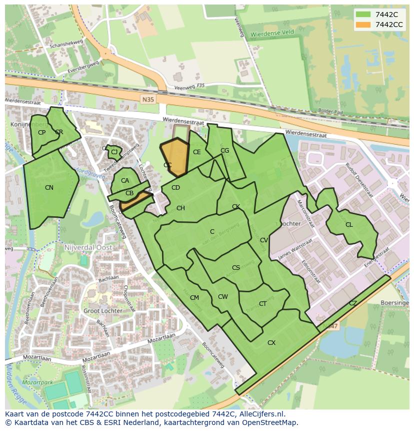 Afbeelding van het postcodegebied 7442 CC op de kaart.