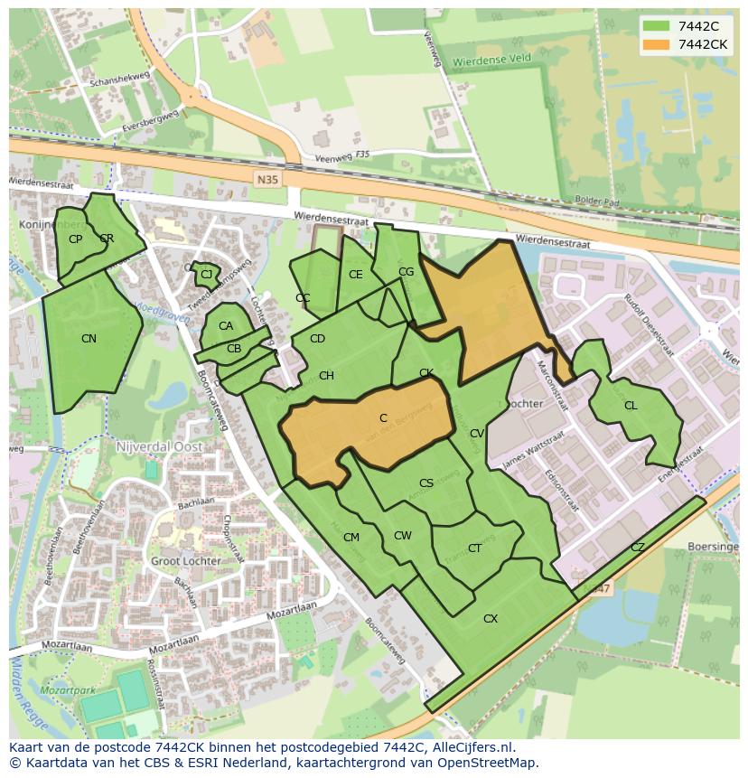 Afbeelding van het postcodegebied 7442 CK op de kaart.