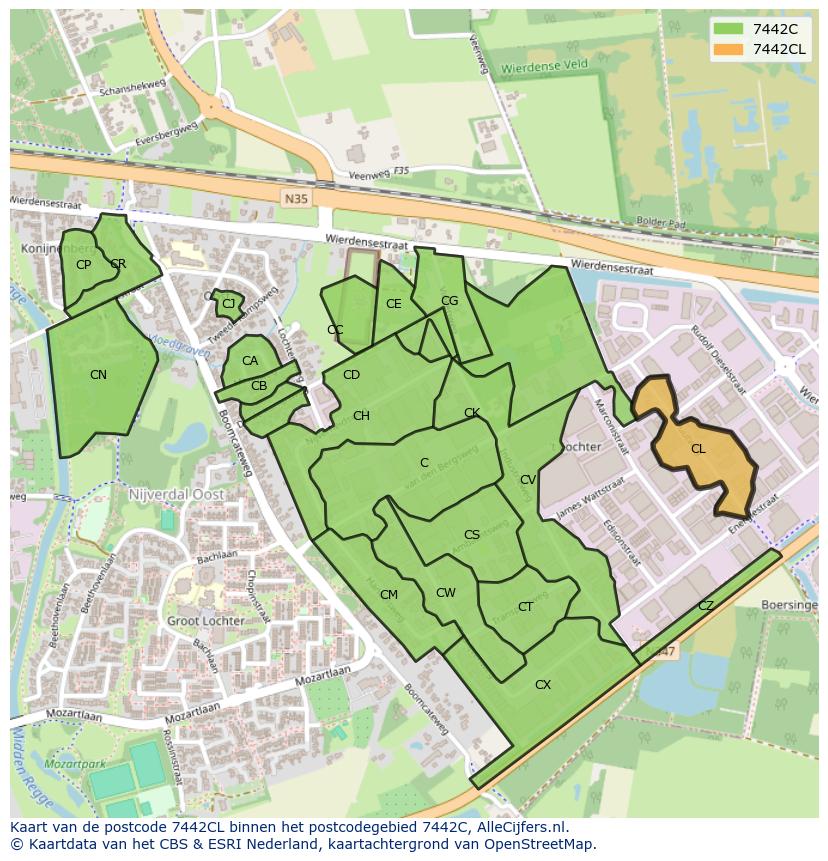 Afbeelding van het postcodegebied 7442 CL op de kaart.