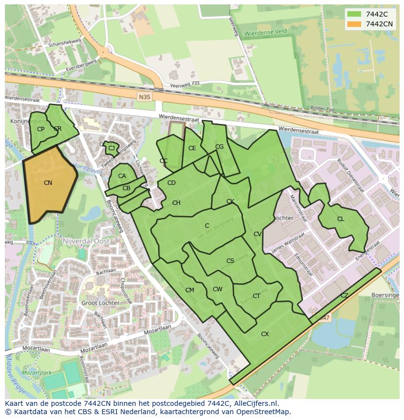 Afbeelding van het postcodegebied 7442 CN op de kaart.
