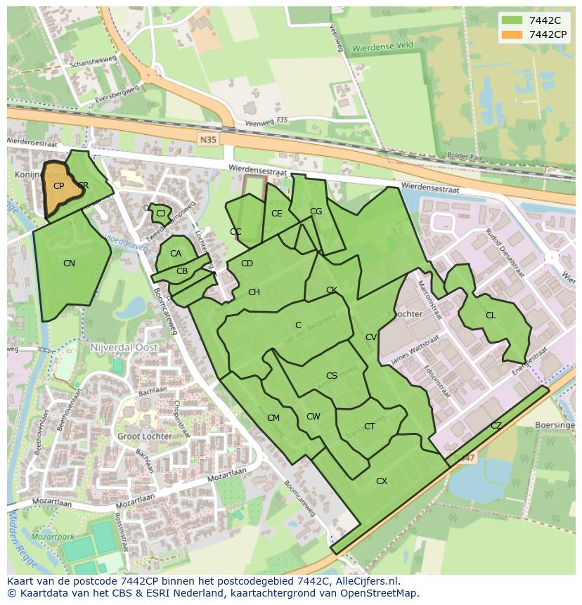 Afbeelding van het postcodegebied 7442 CP op de kaart.