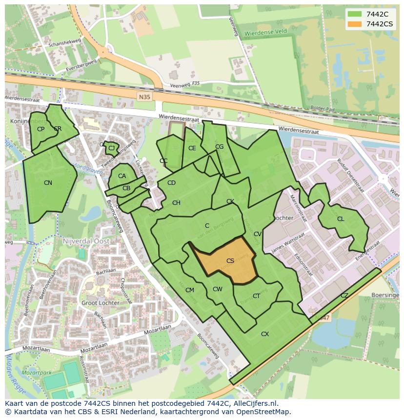 Afbeelding van het postcodegebied 7442 CS op de kaart.