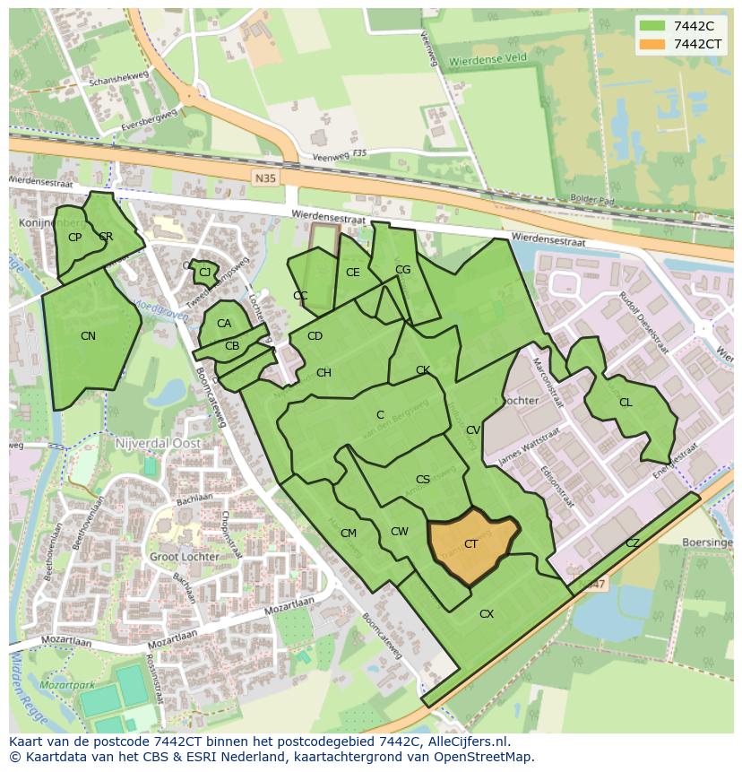 Afbeelding van het postcodegebied 7442 CT op de kaart.