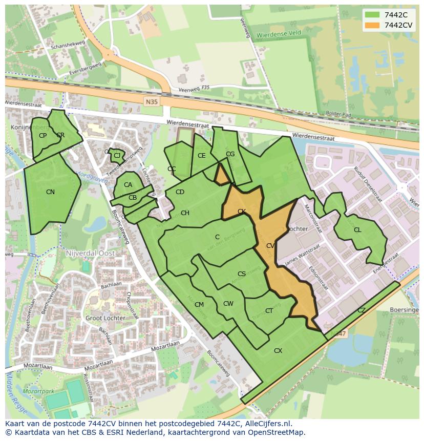 Afbeelding van het postcodegebied 7442 CV op de kaart.