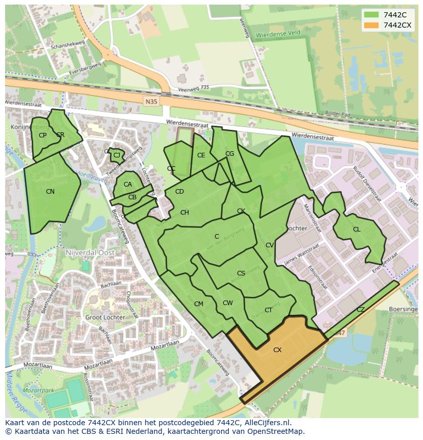 Afbeelding van het postcodegebied 7442 CX op de kaart.