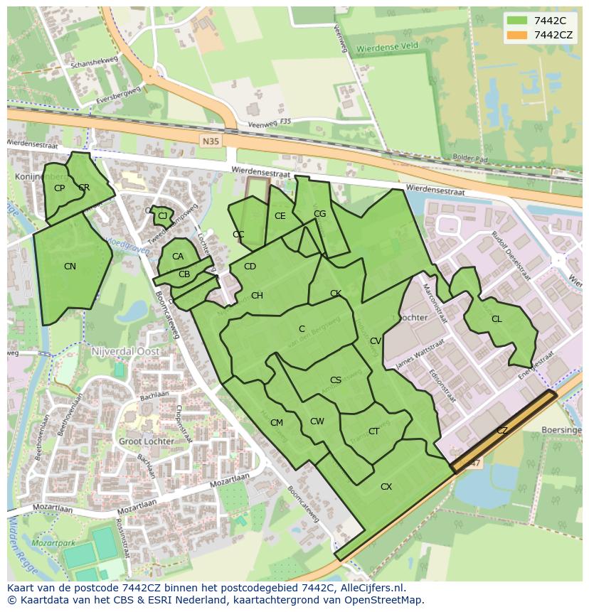 Afbeelding van het postcodegebied 7442 CZ op de kaart.