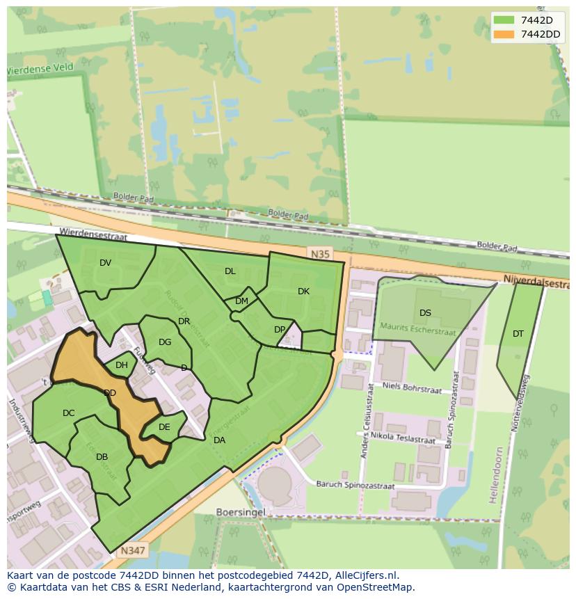 Afbeelding van het postcodegebied 7442 DD op de kaart.