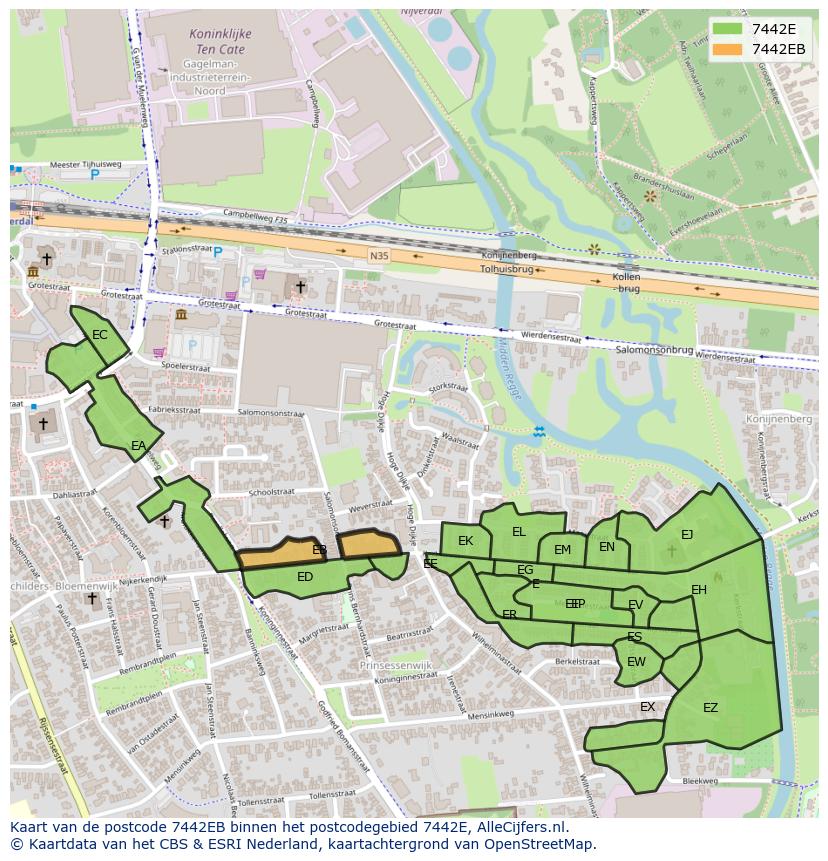 Afbeelding van het postcodegebied 7442 EB op de kaart.