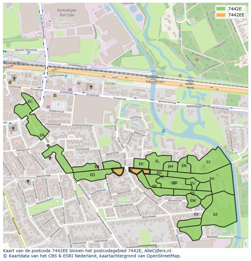 Afbeelding van het postcodegebied 7442 EE op de kaart.