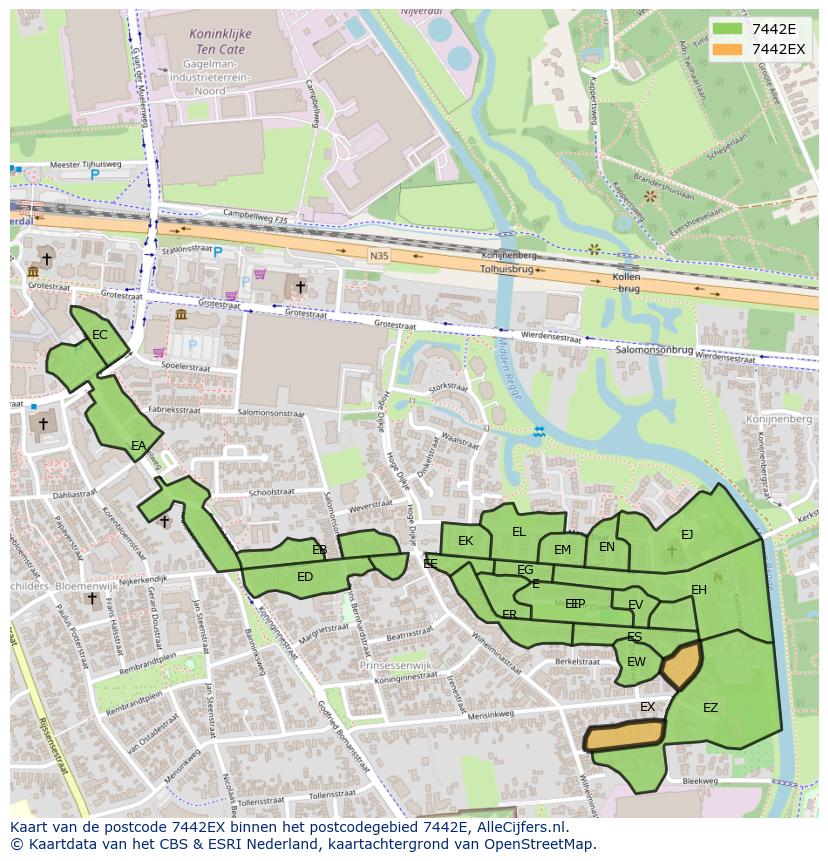 Afbeelding van het postcodegebied 7442 EX op de kaart.