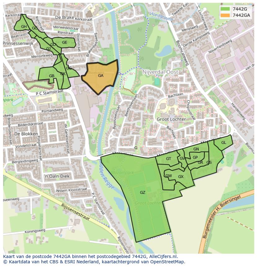 Afbeelding van het postcodegebied 7442 GA op de kaart.